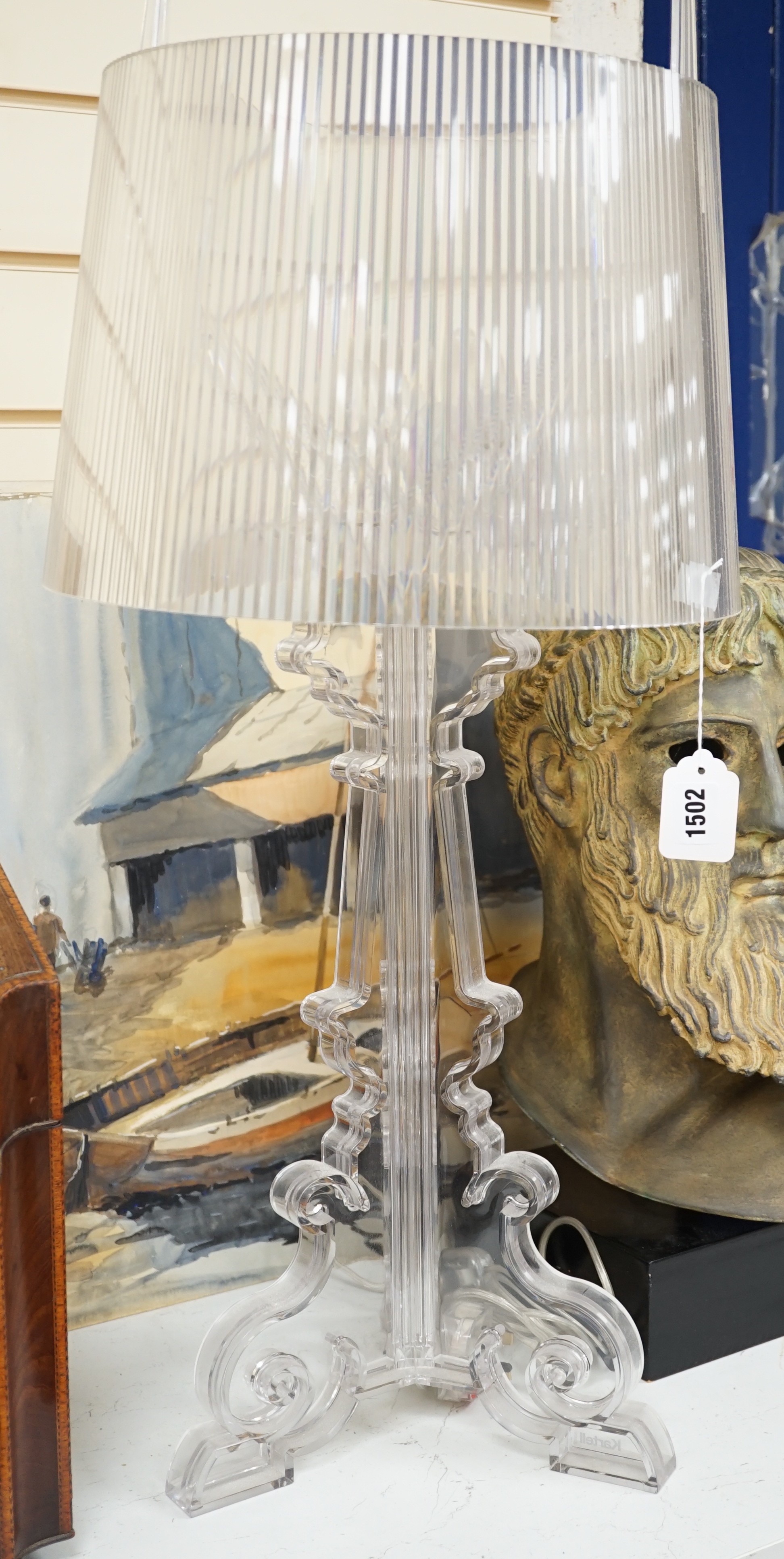 An ornate perspex table lamp and shade, 78cms high